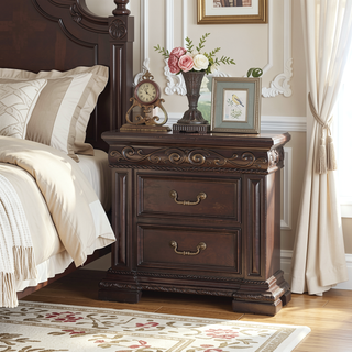 Sunvega Traditional Dark Cherry Bedroom Nightstand with 2 Drawers and Solid Wood Carvings