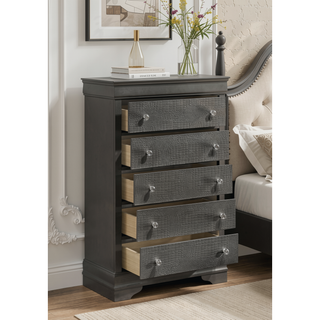 Sunvega Modern Metallic Gray Wood 5-Drawer Chest with Textured Surface and Crystal Knobs