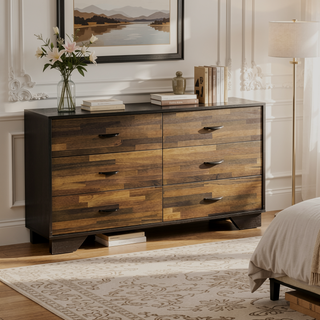 Sunvega Walnut and Black 6-Drawer Dresser with Spacious Storage and Contemporary Design