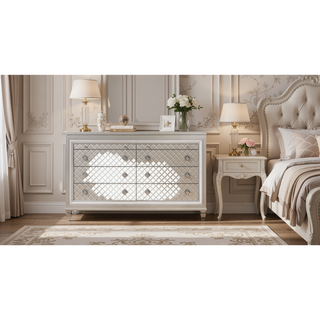 Sunvega Cross Glam Champagne Dresser with Mirror Accents and Spacious Drawers