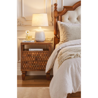 Sunvega Arno Bedside Table in Golden Teak with Hand-Carved Drawer Fronts