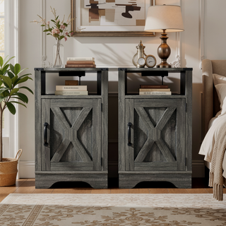 Sunvega White & Oak Farmhouse Nightstand with Electrical Outlets Charging Station and Storage