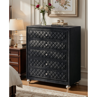 Sunvega Glam Style Black Dresser with Tufted Drawer Fronts and Faux Crystal Knobs