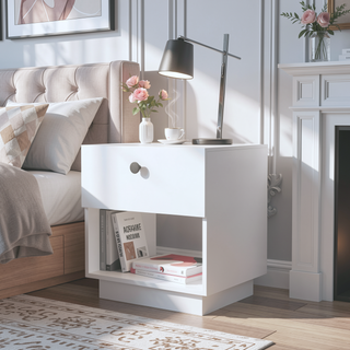 Sunvega White 1-Drawer Nightstand with Large Storage Shelf and Smooth Glide