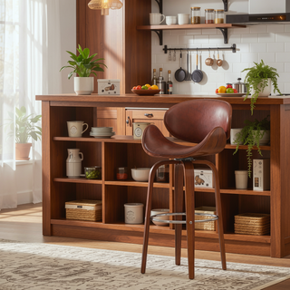 Sunvega Mid-Century Modern Swivel Barstool with Faux Leather Upholstery and Walnut Frame