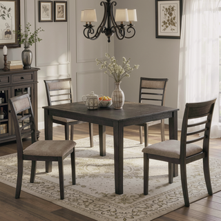 Sunvega Weathered Gray Solid Wood Dining Table Set With 4 Padded Fabric Cushion Chairs