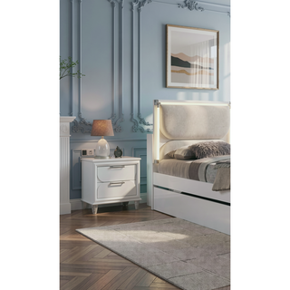 Sunvega Contemporary Glam Pearl White Nightstand with Embossed Panels and Acrylic Handles