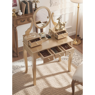 Sunvega Adjustable Oval Wooden Frame Vanity Table with Mirror and Stool