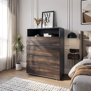 Sunvega Stained Walnut 4-Drawer Dresser with Open Shelf for Modern Bedrooms
