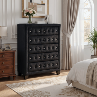 Sunvega Sophia Cream Velvet Upholstered Crystal Tufted 5-Drawer Chest for Bedroom