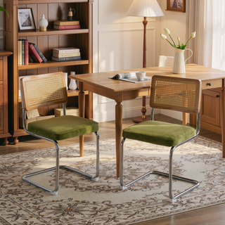 Sunvega Mid Century Modern Dining Chairs Set of 2 with Velvet Upholstery and Natural Rattan Back