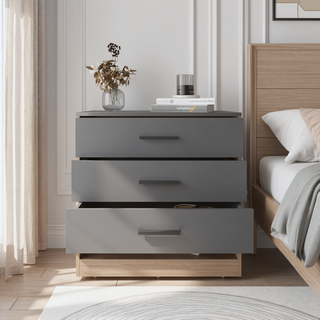 Sunvega 27" High Three Drawer Dresser And Open Shelf In Gray Oak