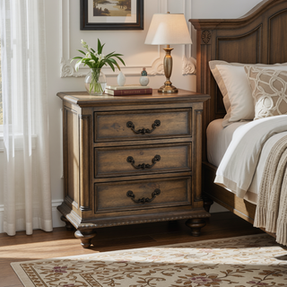 Sunvega Weathered Pecan Finish Nightstand with 3 Dovetail Drawers and Metal Hardware