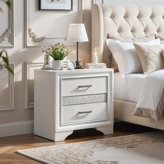 Sunvega White 2-Drawer Nightstand with Rhinestone Pulls and Hidden Jewelry Tray