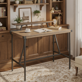 Sunvega Industrial Counter Table with Removable Shelf and Brown Bamboo Top