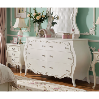 Sunvega Pearl White Finish Dresser with Scrolled Inlay Details and Spacious Drawers