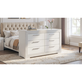 Sunvega Modern White Wood Dresser with Six Spacious Drawers and Plush Red Linings