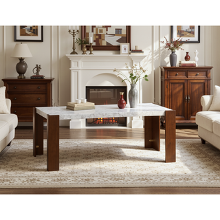 Sunvega Contemporary Dining Table with Engineered Stone Top and Walnut Finish