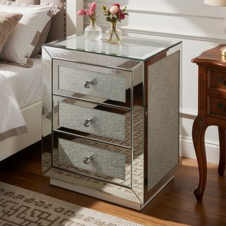 Sunvega Glam Style Nightstand with Three Mirrored Drawers and Faux Diamonds