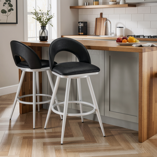 Sunvega Brushed Stainless Steel Swivel Bar Stool with Black Faux Leather Upholstery