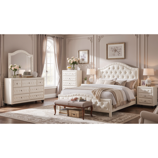 Sunvega Cream Velvet Upholstered Crystal Tufted 7-Drawer Dresser with Wood Frame