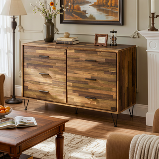 Sunvega Walnut Finish Dresser with Six Spacious Drawers and Storage Headboard
