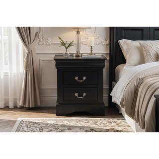 Sunvega Sleek Black Nightstand with Two Spacious Drawers and Nickel Handles