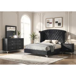 Sunvega Glam Style Black Finish Two Drawers Nailhead Tufted Nightstand with Tempered Glass
