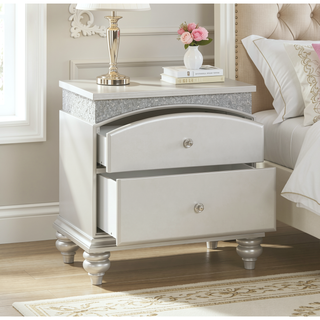 Sunvega Platinum Finish Nightstand with Spacious Drawers and Rhinestone Inlays