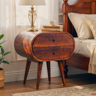 Sunvega Solid Mango Wood Chestnut Round Bedside Table with 2 Drawers and Nordic Legs