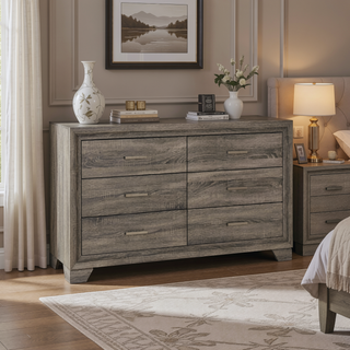Sunvega Brown Oak Wood Grain Finish Dresser Cabinet with Six Spacious Drawers