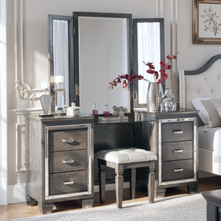 Sunvega Modern Glam Silver Finish Tufted Faux Leather Vanity Stool with Foam Cushion