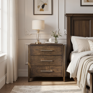 Sunvega Solid Rubberwood Nightstand with Two Drawers in Dark Walnut Finish