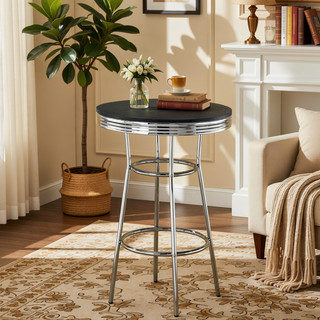 Sunvega Retro Chrome Rim Round Bar Table with Footrest for Vintage Soda Fountain