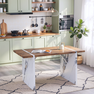 Sunvega Modern MDF Dining Table with Wood Textured Desktop and White Marble Legs