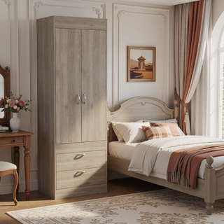 Sunvega Double Door Cabinet with Two Drawers and Integrated Hanging Rod for Bedroom