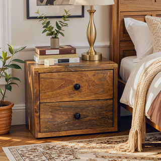 Sunvega Solid Mango Wood Wall Mounted Nightstand with Two Drawers and Oak-ish Finish