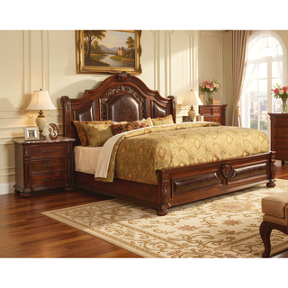 Sunvega Traditional Hand Carved Cherry Nightstand with 3 Drawers and Faux Marble Top