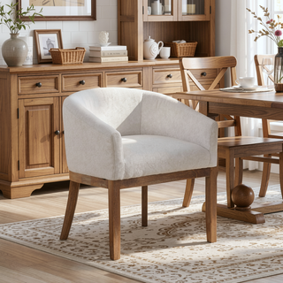 Sunvega Mid Century Modern Upholstered Barrel Dining Chair with Arms and Natural Hardwood Frame