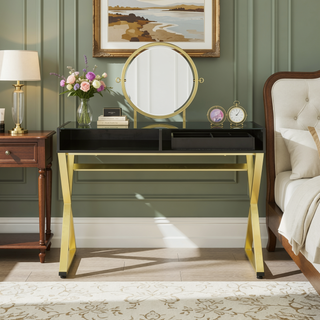 Sunvega White and Gold Vanity Desk with Mirror and Jewelry Storage Tray