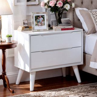 Sunvega Mid-Century Modern Black Solid Wood Nightstand with 2 Drawers and Round Tapered Legs