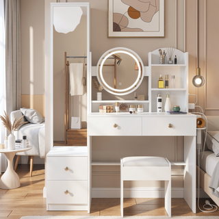 Sunvega Full Body Mirror Cabinet Vanity Table with Adjustable LED Lights and Power Station