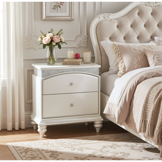 Sunvega Platinum Finish Glam Nightstand with 2 Drawers and Sparkling Rhinestones Inlay
