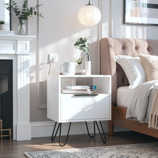 Sunvega White Nightstand with Hairpin Legs and Single Door Cabinet
