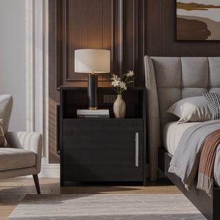 Sunvega Black Nightstand with Single Door Cabinet and Metal Handle for Bedroom