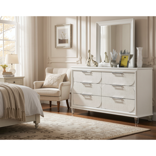 Sunvega Contemporary Glam Pearl White Nightstand with Embossed Panels and Acrylic Handles