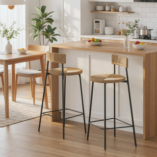 Sunvega Hand Woven Paper Rope Bar Stools with Backrest and Footrest for Kitchen Island