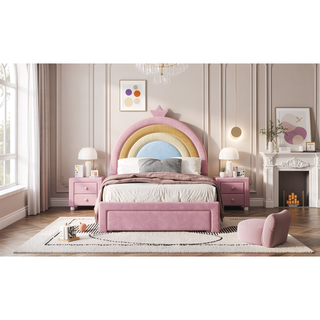 Sunvega Full Size Velvet Upholstered Rainbow Princess Platform Bed with Storage Drawer