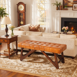 Sunvega Mid-Century Modern Tan Leather Upholstered Bench with Buttons and Solid Wood Frame