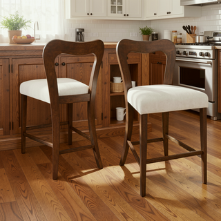 Sunvega Natural Rubberwood Counter Stool Set with Chunky Modern Design and Ergonomic Backrest
